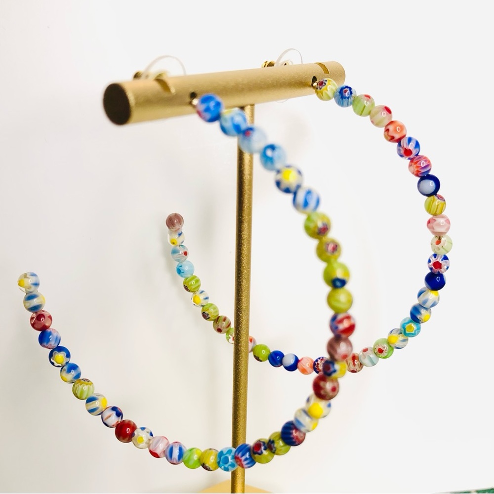 Hoop Earrings Beaded Thin 2” Multi Colored Bohemian New - Picture 1 of 7